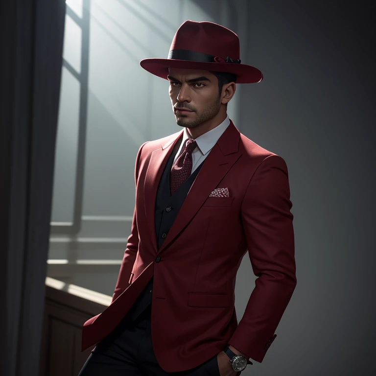 A tall, muscular man (Mr. Luna) stands in a powerful yet elegant pose, dressed in a sharply tailored crimson red suit that accentuates his physique. His face is obscured by shadows as he slightly tilts his head downward, one hand lifting a red fedora to deliberately cast a dramatic shadow over his eyes and upper face. The other hand rests at his side, relaxed but poised. The suit's details are immaculate—a folded pocket square, polished cufflinks, and a luxury watch glinting under subtle lighting. The background is dark and moody, with dramatic chiaroscuro highlights emphasizing his silhouette. His posture exudes quiet confidence (8/10), with an aura of mystery and sophistication. Ultra-realistic, cinematic lighting, 4K detail. Try to make it as close to the reference image as possible.