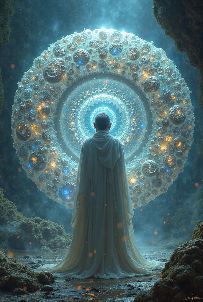 magical protective spell built of semi-transparent ammonites and seashells, creating a sphere of defence 360º around the wizard that cast it without a staff, protecting him from all angles