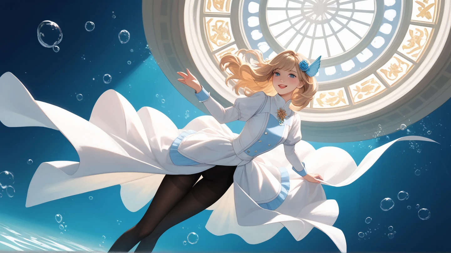 In a mysterious underwater art gallery, a lifelike statue of a woman stands gracefully on a pedestal. Her face is out of frame, and the focus is on her elegantly posed legs. She wears sheer black pantyhose and a stylish, form-fitting  that fully covers her upper body. The statue is illuminated by a divine shaft of light from above, enhancing the textures of the fabric and the gentle curves of her legs. Surrounding her, glowing SeaArt-themed domes float, one featuring a luminous '2nd Anniversary' symbol. Fish and bubbles drift in the serene water, celebrating SeaArt's creative world. Ultra-detailed, cinematic lighting, photorealistic, high resolution, 8K, surreal and artistic mood.