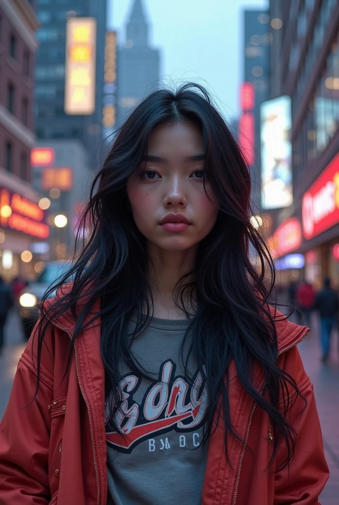 with black hair, white skin color white white european girl. Rap hip hop clothing style. Sweatshirt and jacket with. Instagramma story post photo in front of a beautiful city landscape behind 