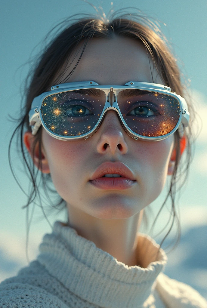 The model is wearing glass sunglasses with stars and the moon on the glass