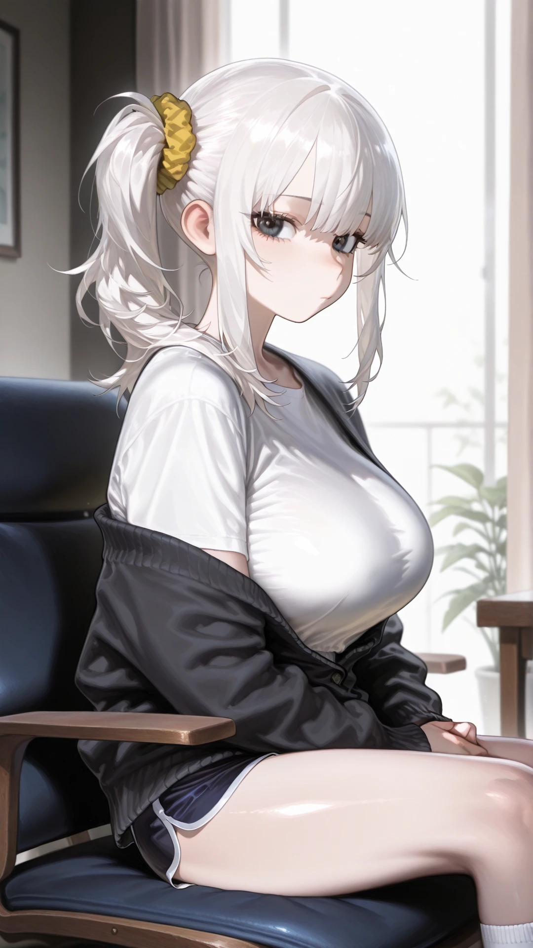 (masterpiece, best quality:1.4), 8k, Close Up, White straight Hair, Young adult, anime girl, laughing, Teasing, Necklace, light Yellow Eyes, Big chest, White Turtleneck, White Suit Jacket, Apartment (detailed eyes and face, sharp pupils, realistic pupils:0.6)