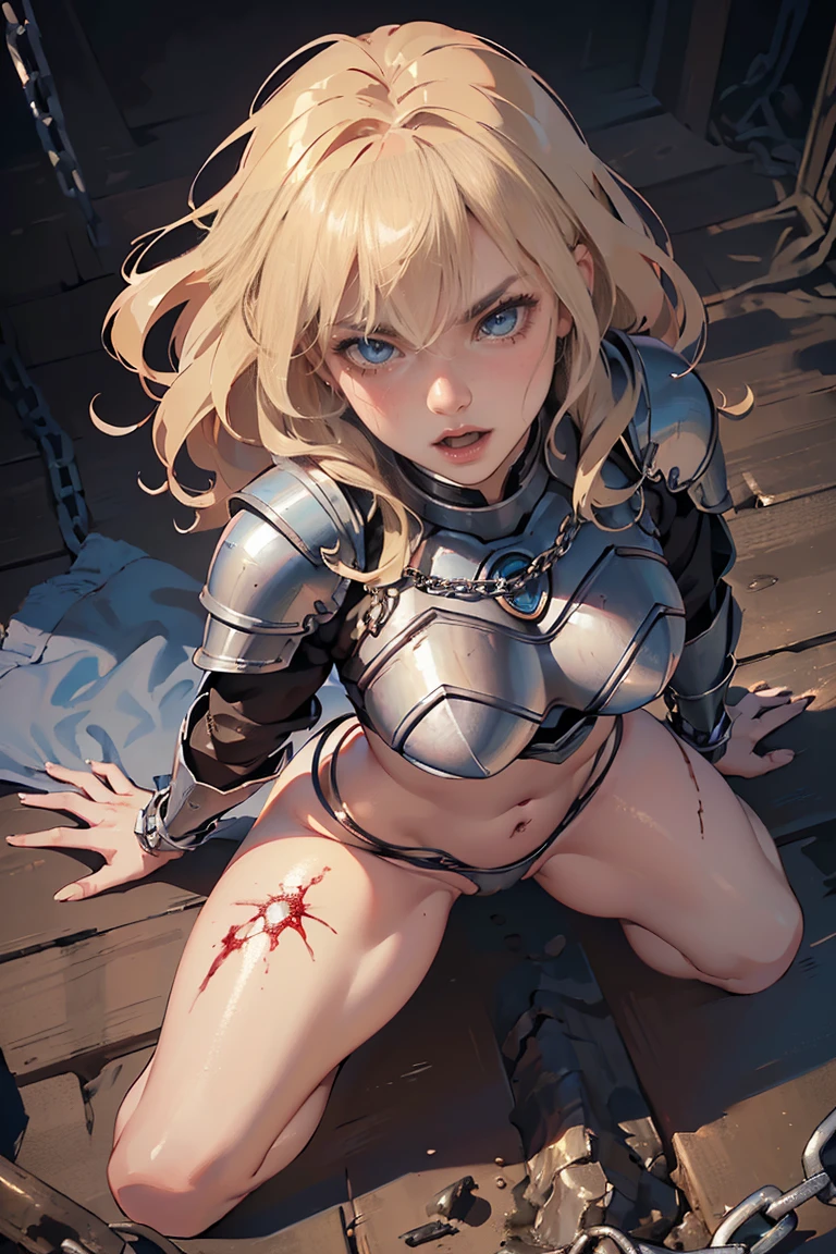 Shiny blond hair, very long hair, sophisticated haircut, (small twisted braids:1.1), thin and oval face, submissive, (gagged:1.3), cute and blushing 18 years old anime girl, bright blue eyes, detailed face, detailed members, detailed arms, detailed hands, Girl lying, tied by chains, shackled, can no longer move, tied tightly, (very hard tied up with lots of chains), (hampered by so many chains that she can no longer move:1.1), bound hands and feet, (chains tie his whole body:1.3), (tied extremely tightly and forcefully to her bed by a lot of chains:1.2), (its limbs are strongly tied together by chains:1.2), (his torso is tied up with thick cords:1.1), (her chest is so tied up with chains that it sticks out:1.3), (her legs are tied tightly with thick chains:1.1), (his hands are tied behind his back with chains), she can no longer move her feet, her hands which are tied by thick chains, she desperately tries to free herself, (likes to be tied tight with big chains:1.1), likes to be immobilized by big chains, (lying down:1.3), (his hands and feet are strongly tied to the railing of his bed:1.1), (his legs are pressed together and tied with chains:1.1), (its limbs are held vigorously by imposing chains:1.1), (her hands are tied securely behind her back by chains), (her chest is compressed by strong chains:1.1), (she is pressed against her bed and restrained by large chains:1.3), (shibari, arms behind the back:1.4), (hands on the back), (masterpiece, best quality) 1.5, 1girl, solo, (sexy, beautiful woman, perfect face, perfect eyes, perfect hands), (shibari, arms behind the back:1.4), (hands on the back), Spread the legs, s&#39; (lie in bed by big chains:1.3), (a princess in armor trapped in a dungeon), (((armor suit:1.5))), (chained to the prison wall by chains:1.3), (his legs are chained by chains:1.3), (locked in a dark dungeon:1.5), (chains with links bind his whole body:1.3), (very detailed chains:1.3), ((((((chain:1.5))))))