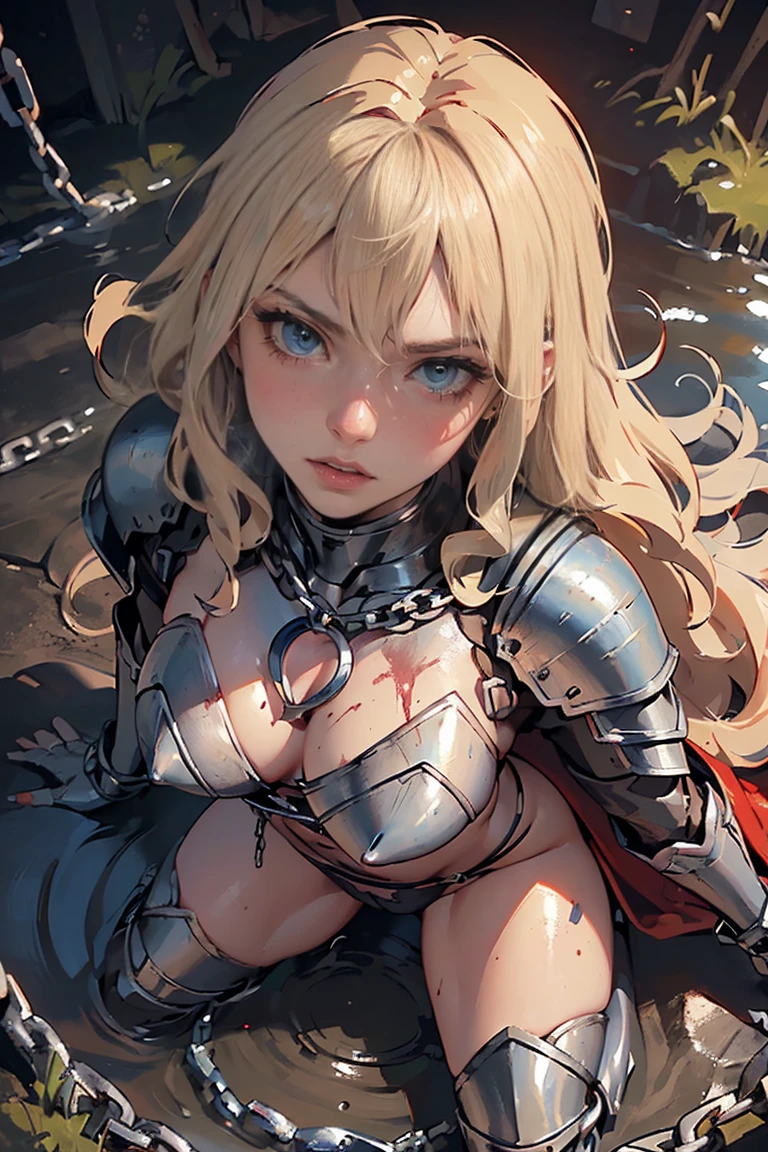 ((Masterpiece, Top Quality, High Resolution, Photorealistic, Raw photo)), ((Extremely detailed CG unified 8k wallpaper)), (Female knight captured by the enemy, hands bound, kneeling with legs open:1.3), detailed skin and eyes, (body stained with blood and mud, chains digging into her body:1.5), (blonde, long wavy hair, blue eyes full of anger and disgust:1.5), (staring at the viewer, wearing silver armor and crimson cape, cleavage, camel toe), (face Close-up, seen from above:1.3),