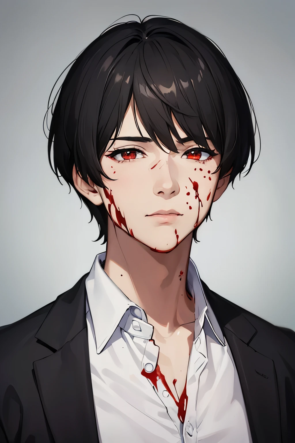 masterpiece, best quality, 1boy, red eyes, black hair, short hair, mature, sharp eyes, confident, mature, masculine, detailed eyes, realistic face, realistic eyes, upper body, closed up, detailed facial features, realistic and high resolution (best quality, 4k, 8k, highres, masterpiece:1.2), covered in blood, messy, blood, mugshot, potrait, posing, white shirt, face covered in blood
