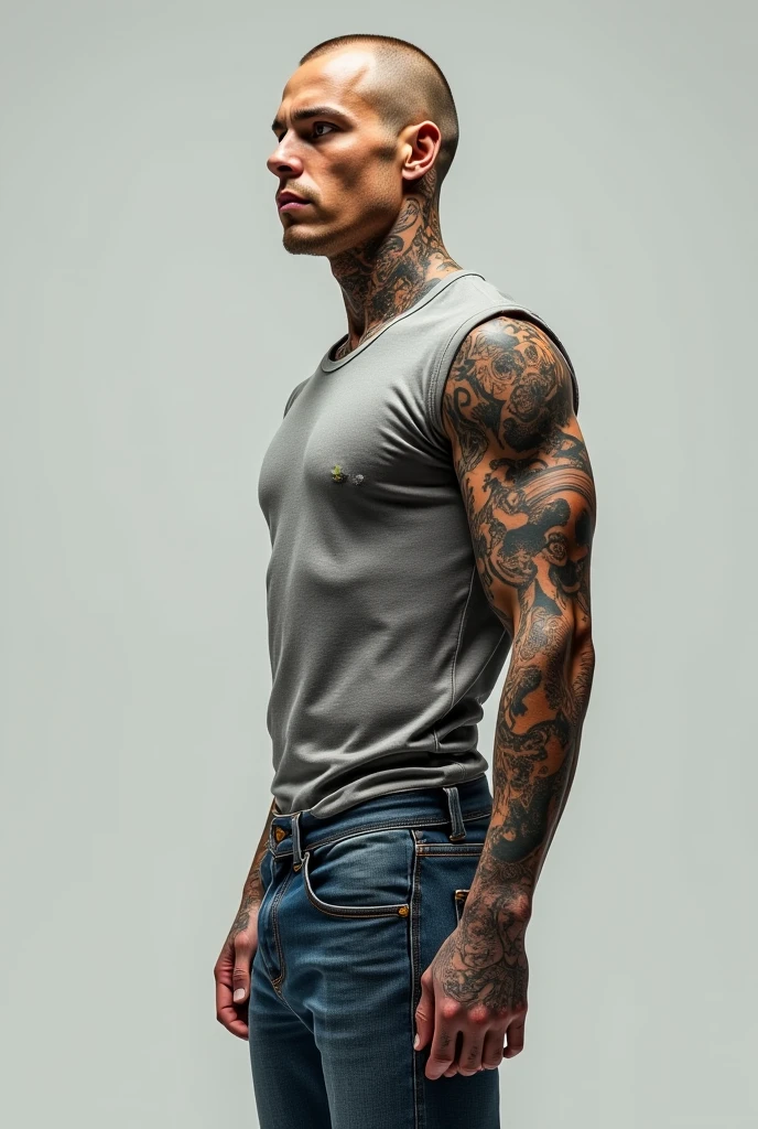A handsome boy wearing jeans with a bad boy kind of image
some tattoos on arms, chest, and back
Short hair with Slick back hair style. Skin-wise a bit tanned. Nothing too extreme, just enough to have a bit of a golden touch. And deep blue eyes.