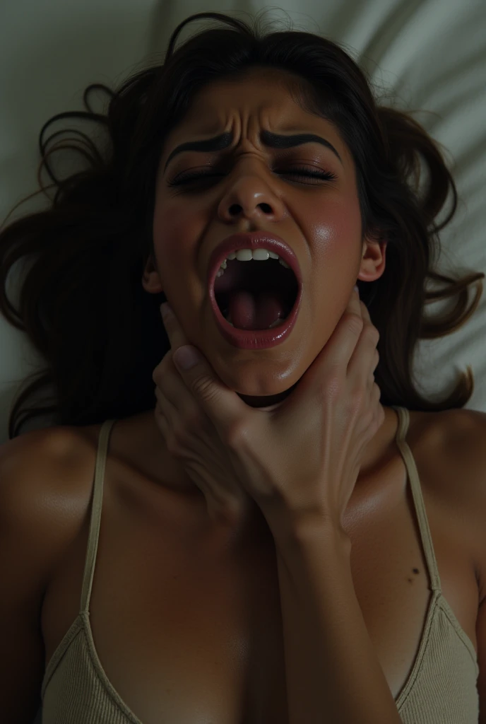 a photo of a beautiful asian woman with large breasts bent over a table. a man stands behind her. she's wearing dark smokey eye shadow. the vibe is dark and sexy. she's facing camera moaning in ectasy. she's wearing an open robe exposing her sexy lingerie underneath. She is exhausted and drenched in sweat. her face and chest are covered in thick white goo. there's used condom wrappers all over the table.