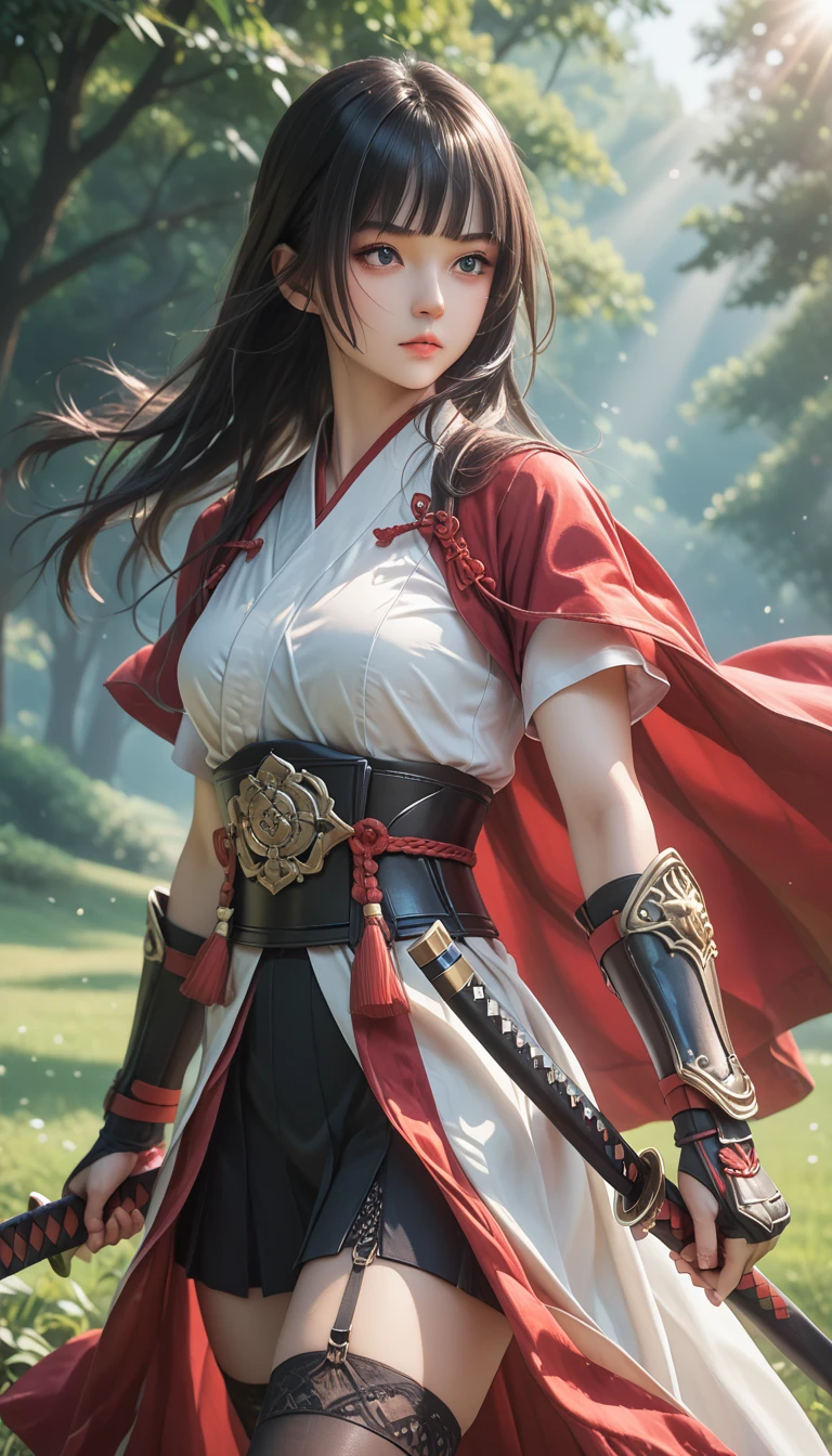 real,pictures,top quality,8k,Max Video Quality,Wakai Female,1 person,Oiran,wielding a katana with great force, very detailedな,from front,battle pose, Brilliant Appearance ,extremely detailed, Imaginative,sensual ,top quality,  skin texture,blunt bangs, straight across her forehead,black hair,muscular,underboob,white Samurai armor,red cloak,gypsy skirt,garter belt,black tights,Zettai Ryouiki,absolute region with to,intricate details ,crepuscular rays,A field of blooming lilac in full bloom,white background, rawpictures, 8k, masterpiece, top quality,ultra detail,very detailed, intricate details ,high resolution,超intricate details,very detailed 8k cg wallpaper,