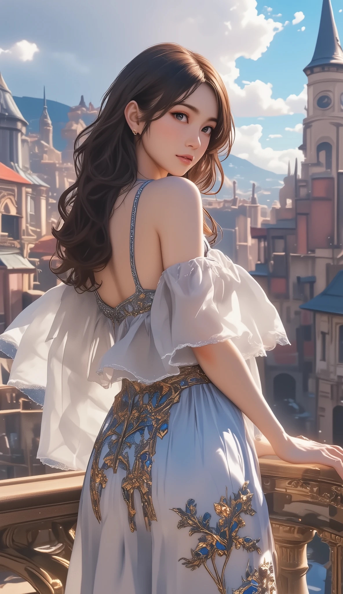 (((( masterpiece)))), (((( top quality)))), ((Alfons Maria Mucha master piece)),erotic, sexy, god秘, god, high resolution,soft focus, fine grain, Detailed Faces, Very detailed facial depiction, detailed eyes 、Detailed Faces、detailed hair 、真珠の様に透き通る肌 、Big Breasts、deep cleavage、美しい中世の街並み、transparent long dress、