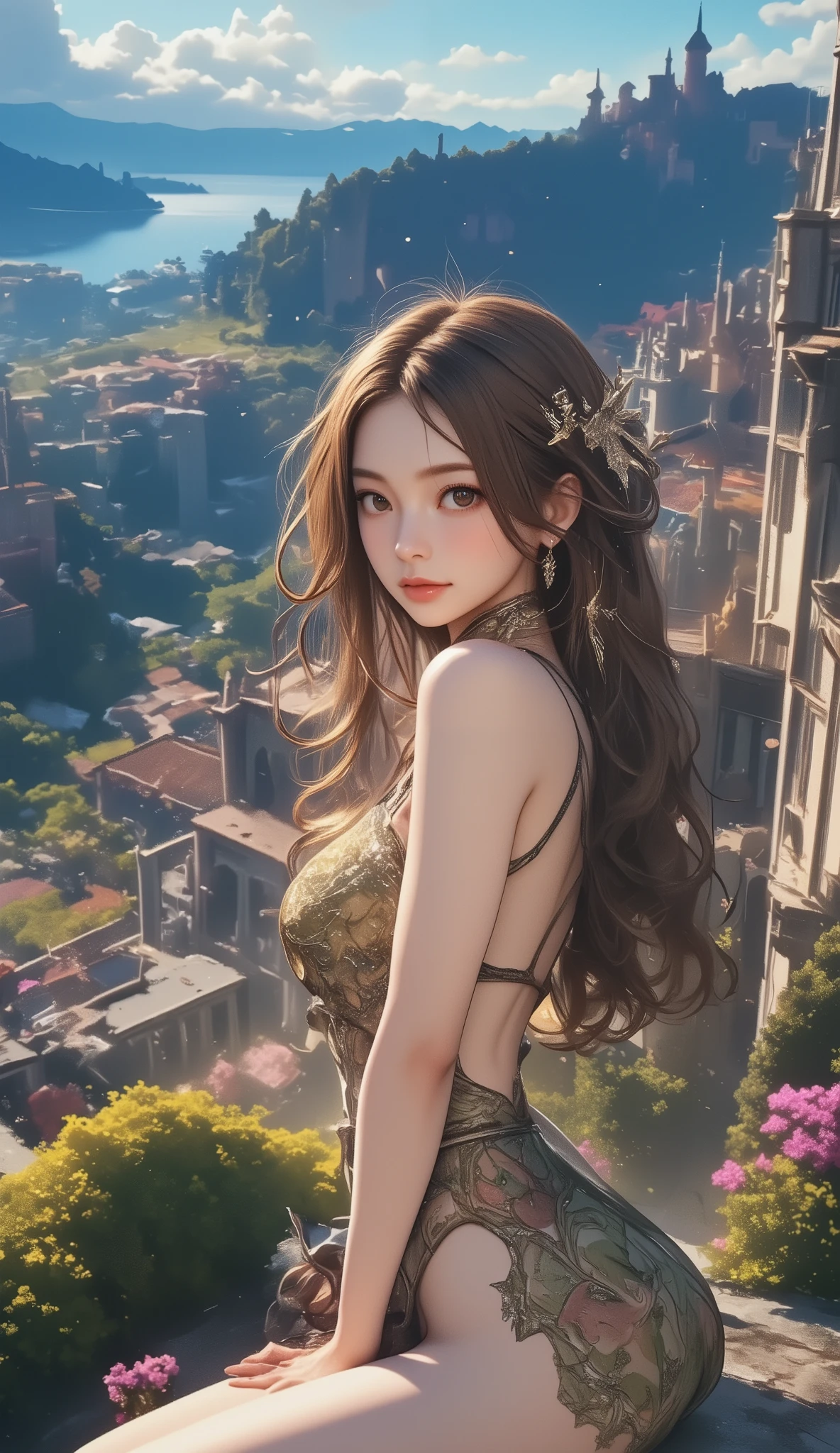 (((( masterpiece)))), (((( top quality)))), ((Alfons Maria Mucha master piece)),erotic, sexy, god秘, god, high resolution,soft focus, fine grain, Detailed Faces, Very detailed facial depiction, detailed eyes 、Detailed Faces、detailed hair 、真珠の様に透き通る肌 、Big Breasts、deep cleavage、美しい中世の街並み、transparent long dress、