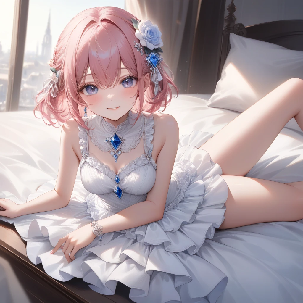 ultra-detailed、(8k, RAW photo, best quality, masterpiece:1.2), (extremely detailed 8k wallpaper),professional lighting,sharp focus, depth of field、nfws,(((crotch close up))),((1人の美しいflower嫁)),((fluffy short bob、rainbow colored curl hair、curly hair))、(complete wedding dress).lace veil、lace shawl、tiara、necklace、((white knee high socks、Absolute area)),((((super low angle、Focus on wet panties)))),((Sweat))、(((Sit on the bed with your legs open))),(blush)、((close your eyes and yawn)),((very embarrassed)),((Steam from the mouth)),flower、(luxury bed)、((night)),(Correct number of upper limbs、Correct number of lower limbs、Correct number of fingers、Correct number of toes)