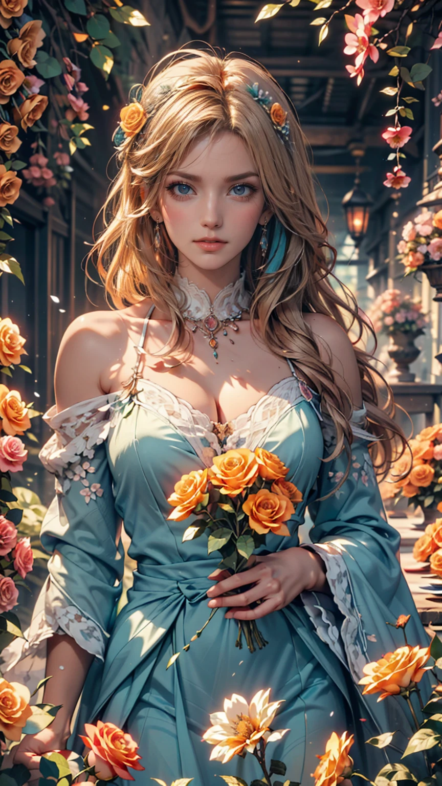  Whimsical Fantasy 、Elegant rose flower、botany、 minimalism、Wave of flowers、Flowing Flower、 hazy pastel pink floating garden, Aqua Green,  Pastel Apricots , Smoke Fractal, There is a good atmosphere、Very realistic flowers, octane rendering, Josephine Wall Art , Isabel Mennin, Jean, Amy Brown  