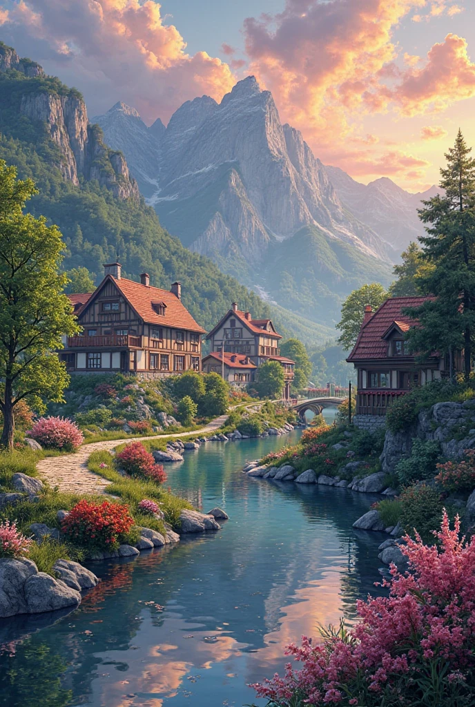 A small village by the river, color of the mountain in the background, colorful flower flowers, detailed landscape, beautiful natural scenery, atmospheric lighting, scorching sunset, warm colors, Practical, фотоPractical, detailed foliage, complex buildings, paved street, charming country house, swirl bright colors, lush vegetation, reflections on water, picturesque, idyllic, artwork, the best quality, 8k, very detailed, anime styling