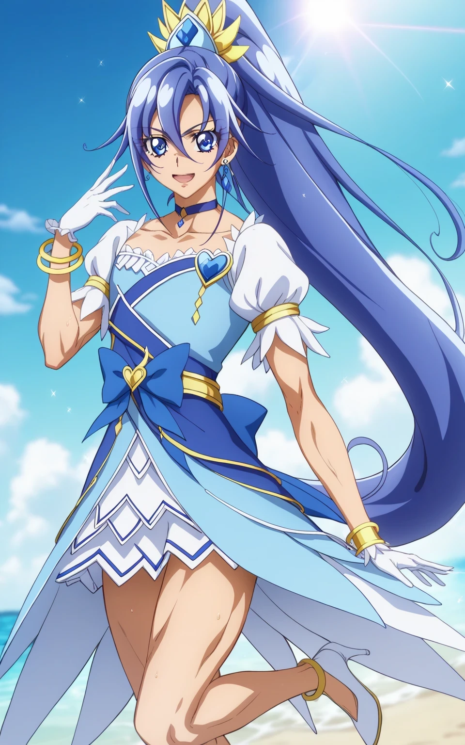 score 9 、score 8 up、score 7 up、source anime、masterpiece、top quality、high resolution、anime coloring、1boy、cure diamond、(male:1.olo、Close up of a cartoon boy in a blue dress、 Boy with long blue hair、 With Shining Blue Eyes 、high long ponytail hair、dia shape hair ornament、solo、 Prince of Sapphire 、Anime Prince 、 blue miniskirt、collarbone、white puffy sleeves、white gloves、yellow bracelet 、blue waist bow、Bare legs、bare thighs、thigh muscles、semitendinosus muscles、adductor magnus muscles、white high heels、collarbone、trapezius、Official Character Art、style of Magic Boy、masculinization、Magic Boy、 Official Fanart、 !!FULL BODY PORTRAIT!!、 Magic Boyのスタイル、 hymn to the king as prince 、 MLP fan art 、man wearing cure diamond outfit、Detailed Fanart、 magical aura、 high resolution、 commission for high resolution 壁紙!、Boy in a blue dress、white high heelsを履いた男の子、素敵なドレスを着た Anime Boy 、(manly:1.6)、Official Art、 Anime Boy 、 male focus、looking at viewer、solo focus、cowboy shot、(male body:1.6)、