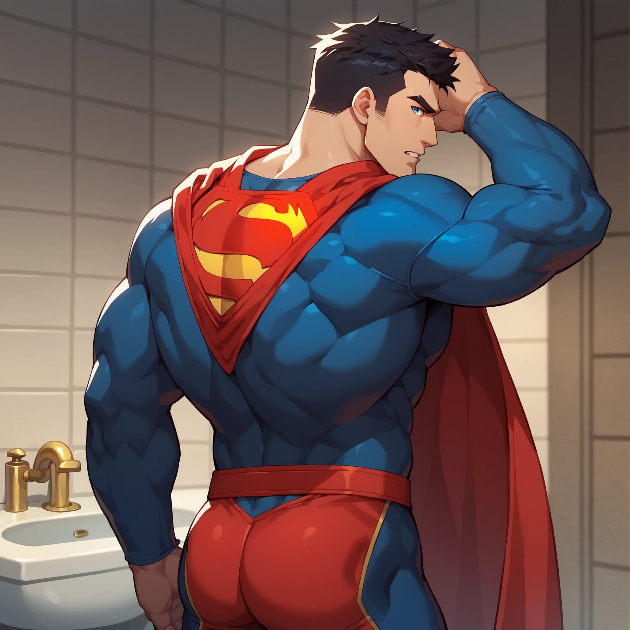 check_9, check_8_up, check_7_up, check_6_up, comic book style, 1 boy, One, muscular, superman, black hair, blue eyes, blue jumpsuit, red trench coat, logo, red belt, Angle from behind, indoor, bathroom, couple, big ass, tight clothing, looks at the viewer, turns red,  
