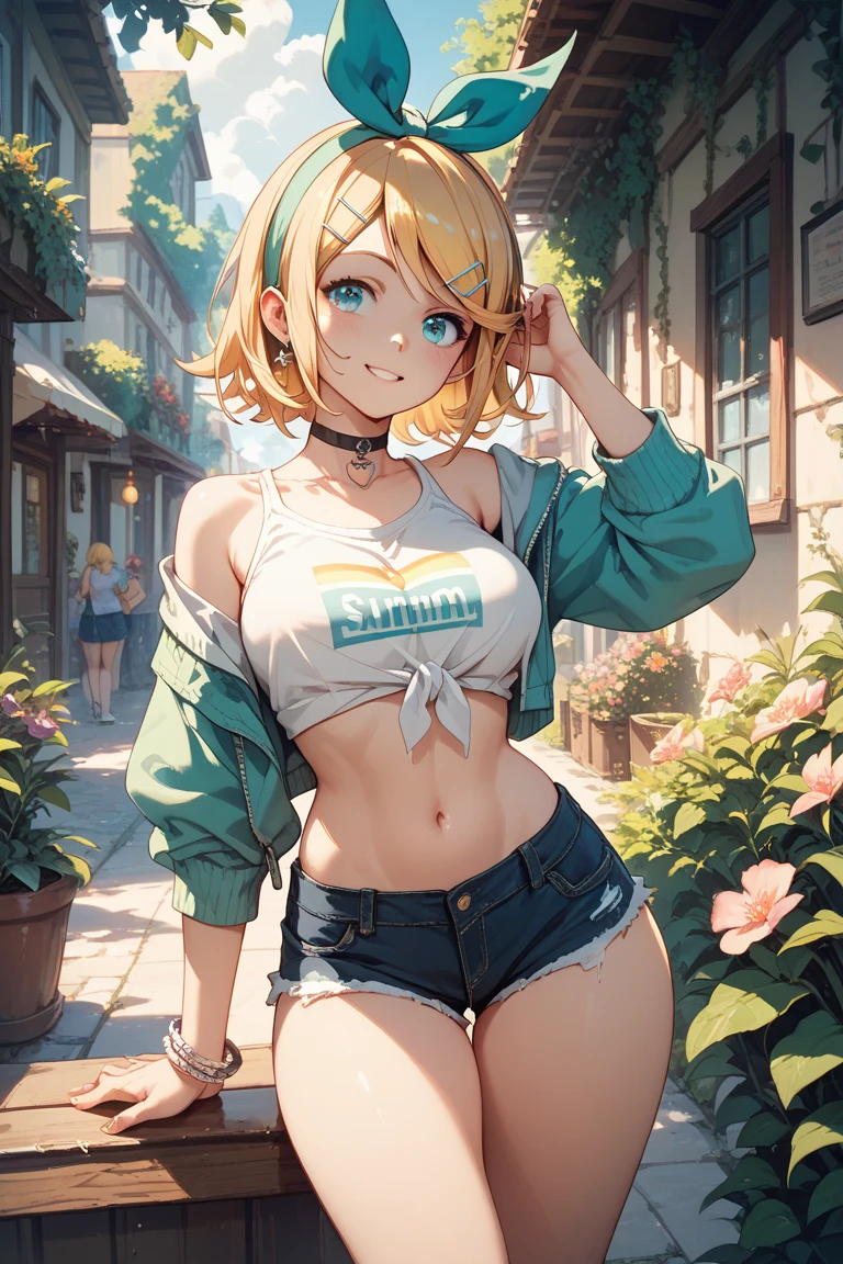 creates a 25-year-old anime girl with tight black leather pants and a red tank top, blonde hair with blue eyes in a farm landscape