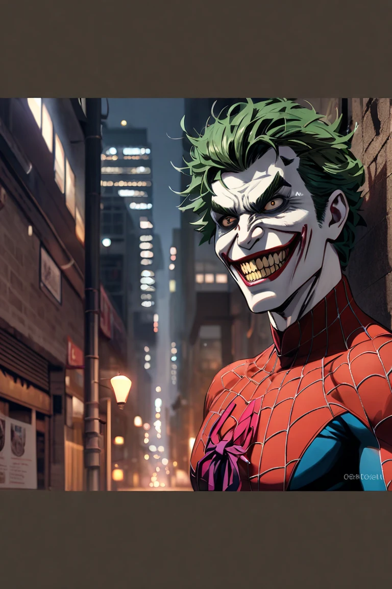 Joker and Spider-Man fusion, corpo masculino e forte, com biotipo ectomorfo forte e definido