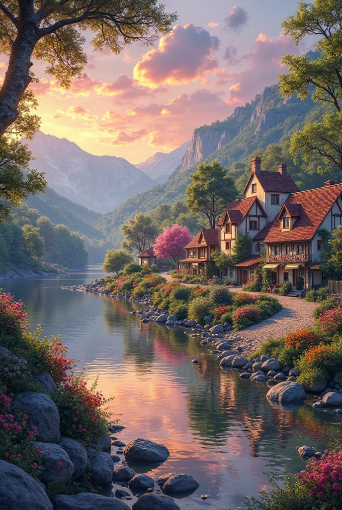 A small village by the river, mountains in the background, colorful flowers, detailed landscape style, beautiful natural scenery, atmospheric lighting, scorching sunset , warm colors, practical, photographic, detailed foliage, complex buildings , cobblestone street, charming country house, vibrant colors, lush vegetation, reflections in the water, pitoresco, idyllic, work of art, Best Quality, 8k, extremely detailed, anime style