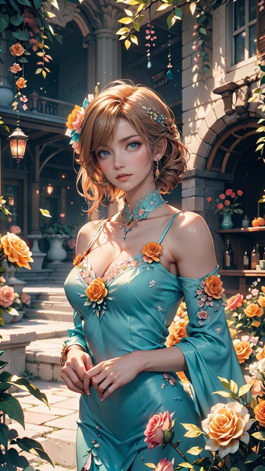  Whimsical Fantasy 、Elegant rose flower、botany、 minimalism、Wave of flowers、Flowing Flower、 hazy pastel pink floating garden, Aqua Green,  Pastel Apricots , Smoke Fractal, There is a good atmosphere、Very realistic flowers, octane rendering, Josephine Wall Art , Isabel Mennin, Jean, Amy Brown  