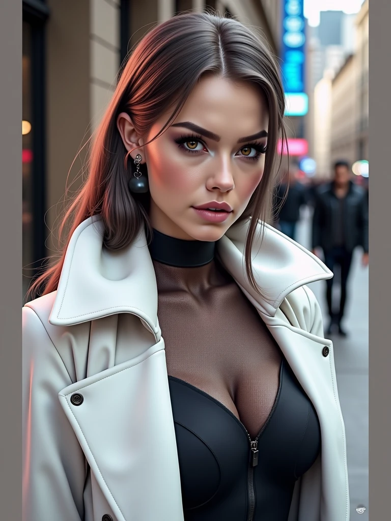 (cowboy shot), a beautiful young woman with long red hair, lora_Emma, ((black high waist leather pants)), ((formal white top with cleavage)), waist belt, a white fur coat, reflective silk scarf, (red shaded sunglasses), standing outside, exposed hips, (best quality,4k,8k,highres,masterpiece:1.2),ultra-detailed,(realistic,photorealistic,photo-realistic:1.37),detailed face, detailed eyes, detailed lips, long eyelashes, beauty, fashion, portrait, glamorous, elegant, studio lighting, dramatic lighting, high contrast, vivid colors, cinematic,xuer white fur coat, ((coat on shoulders))