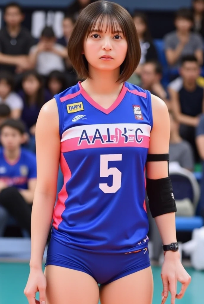 A professional volleyball player wearing a blue and pink jersey with the number "5" on it, labeled "AABBCC". She has a focused and slightly confident expression, with short brown hair styled simply. The jersey is detailed with " JAPEN " in large white and pink letters across the front. She is standing in a stadium or sports venue, with blurred audience members in the background, some wearing dark or casual clothing. while her arms is down by her side. She wears a black elbow brace on her right arm. The lighting is neutral, with a soft focus on the athlete, allowing her to stand out from the background. The background colors and the audience are mostly neutral, but some elements, such as the seats and the clothing, introduce pops of blue and pink, complementing the uniform. The camera angle is at eye-level, directly facing the athlete. The scene conveys a sense of readiness, focus, and slight encouragement or victory. upper volleyball uniform and bottom blue high leg bikini uniform. back view and full body.
