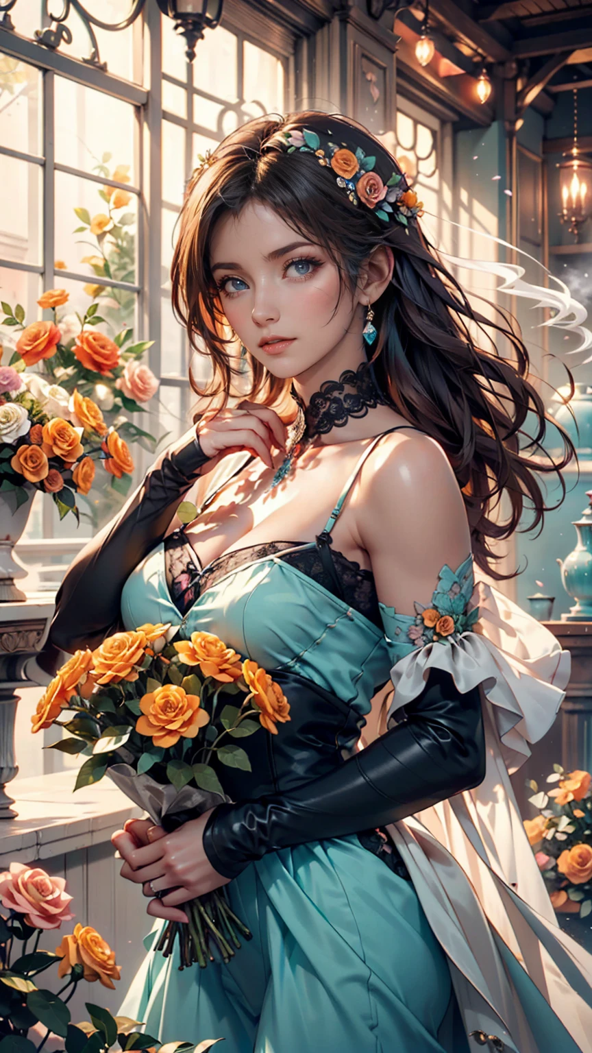 high details, best quality, 16k, RAW, [best detailed], masterpiece, best quality, (extremely detailed), full body, ultra wide shot, photorealistic, dark fantasy art, goth art, RPG art, D&D art, a picture of a dark female fairy showing flowers in a florist shop, extremely beautifil fairy, ultra feminine (intense details, Masterpiece, best quality), best detailed face (intense details, Masterpiece, best quality), having wide butterfly wings, spread buterfly wings (intense details, Masterpiece, best quality), dark colors wings (intense details, Masterpiece, best quality), black hair, long hair, shinning hair, flowing hair, shy smile, innocent smile, blue eyes, dark red lips, wearing [red] dress latex corset (intense details, Masterpiece, best quality), dynamic elegant shirt, chocker, wearing high heels, in flower shop (intense details, Masterpiece, best quality), [extreme many flowers] (intense details, Masterpiece, best quality), dark colorful flowers (intense details, Masterpiece, best quality), flower shop in a dark goth era street background, dim light, cinematic light, gaslight lamp light, High Detail, Ultra High Quality, High Resolution, 16K Resolution, Ultra HD Pictures, 3D rendering Ultra Realistic, Clear Details, Realistic Detail, Ultra High Definition