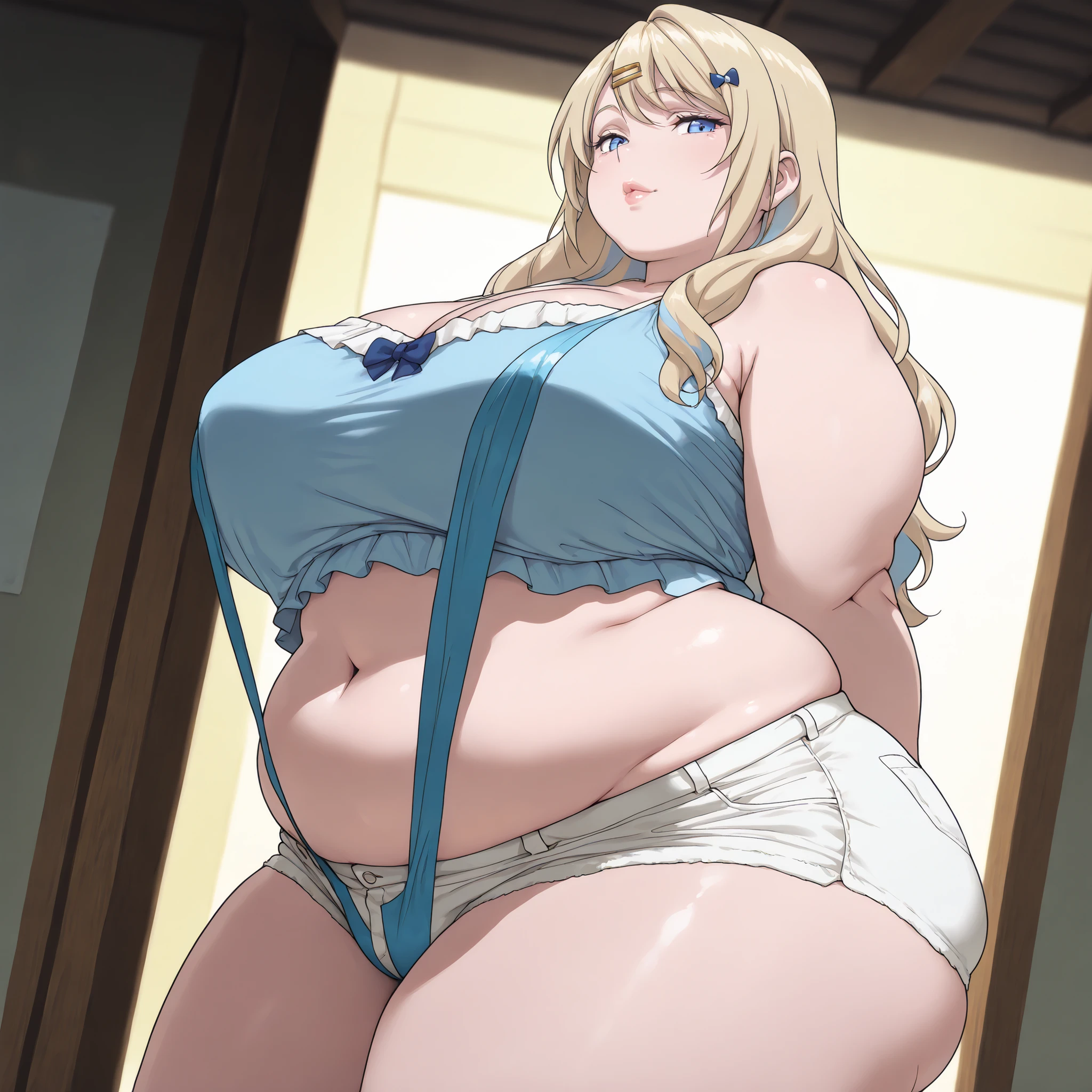 1 woman, beautiful mature woman, attractive detailed face, delicate facial features, detailed skin, huge breasts, slingshot swimsuit, hand behind back, looking seductive, ultra-detailed, (best quality,4k,8k,highres,masterpiece:1.2), cinematic lighting, octane render, 8k uhd, extremely detailed, intricate details, hyper realistic, high definition, sharp focus, ,compositionmuted colors, skin pores, score_9, score_8_up, score_7_up, (cowboy shot, dutch angle:1.2), anime screencap, luna shirakawa, long hair, blue eyes, blonde hair, hair ornament, bow, multicolored hair, hairclip, big breasts, short shorts, blue crop top, showing ass, (negative_v2 Color_Balance_Calibration:0.8), negativeXL_D, aidxlv05_neg, Stable_Yogis_Animetoon_Negatives, chubby, chubby girl, curvy, large breasts, lips, plump, thick thighs, thighs, (((oversized gigantic stomach)), curvy, large breasts, lips, plump, thick thighs, thigh, immobile
