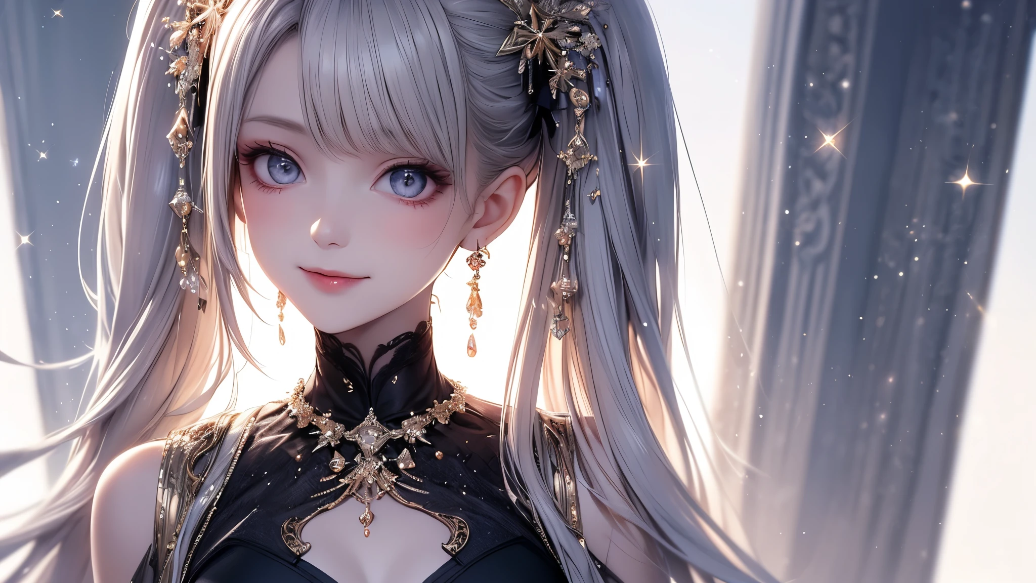 (masterpiece),(4K),High Quality,(small breasts),1 girl、 woman, Long Silver Hair ,pale skin,smile, beautifully detailed grey eyes, ( high-definition and elegant ),( white cape let fashion), magical colors and vibes, detailed skin from sleeve to chest,(Cute sparkle), light particles, The background is softly blurry ,Add a dramatic and iconic element to your scene, description boundary ahead of the large end, Bokeh, Silky to the touch , see-through silk, soft, lightweight garment、beautiful and neat face、The chest silhouette can be seen through、 hyper details,creates a dreamy and elegant atmosphere
