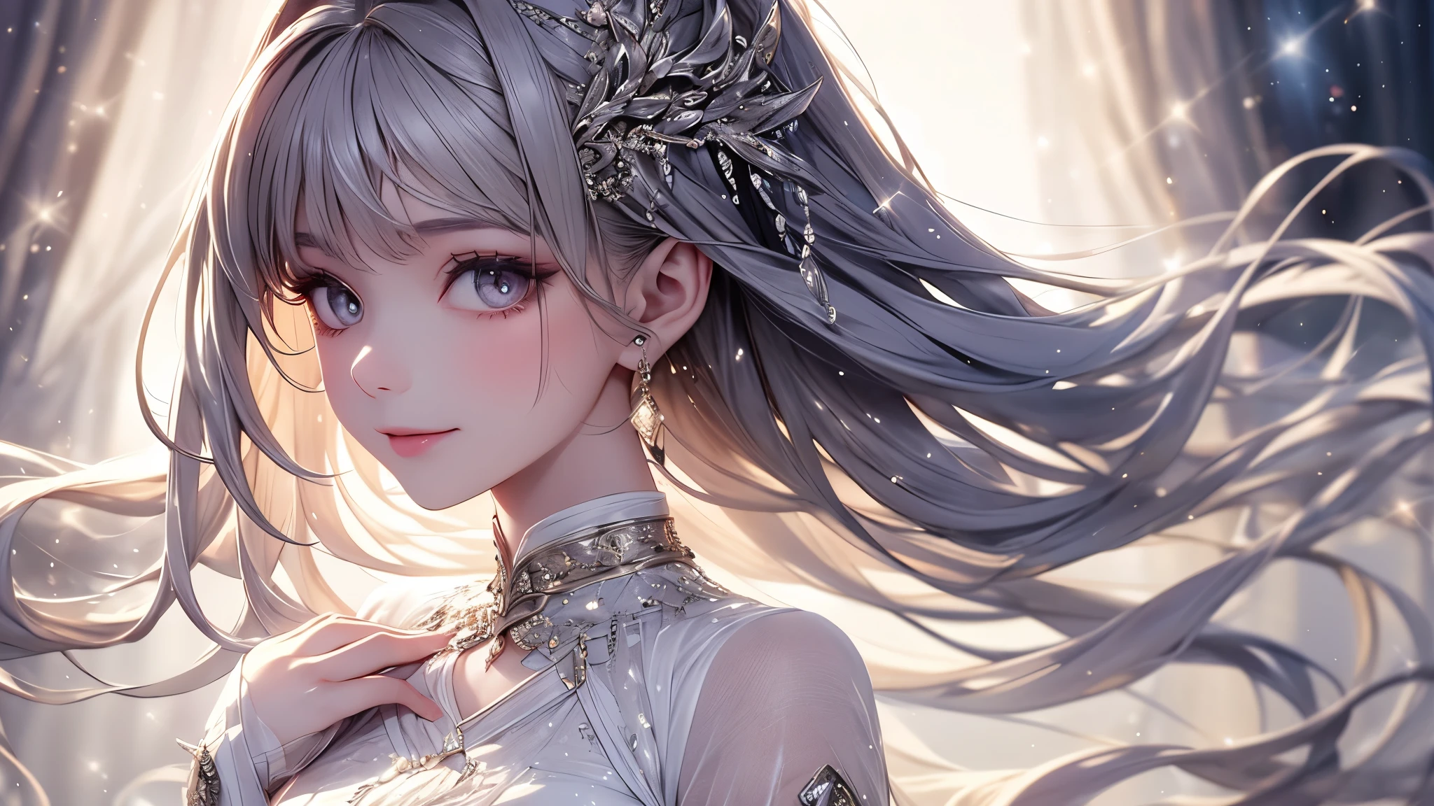 (masterpiece),(4K),High Quality,(small breasts),1 girl、 woman, Long Silver Hair ,pale skin,smile, beautifully detailed grey eyes, ( high-definition and elegant ),( white cape let fashion), magical colors and vibes, detailed skin from sleeve to chest,(Cute sparkle), light particles, The background is softly blurry ,Add a dramatic and iconic element to your scene, description boundary ahead of the large end, Bokeh, Silky to the touch , see-through silk, soft, lightweight garment、beautiful and neat face、The chest silhouette can be seen through、 hyper details,creates a dreamy and elegant atmosphere