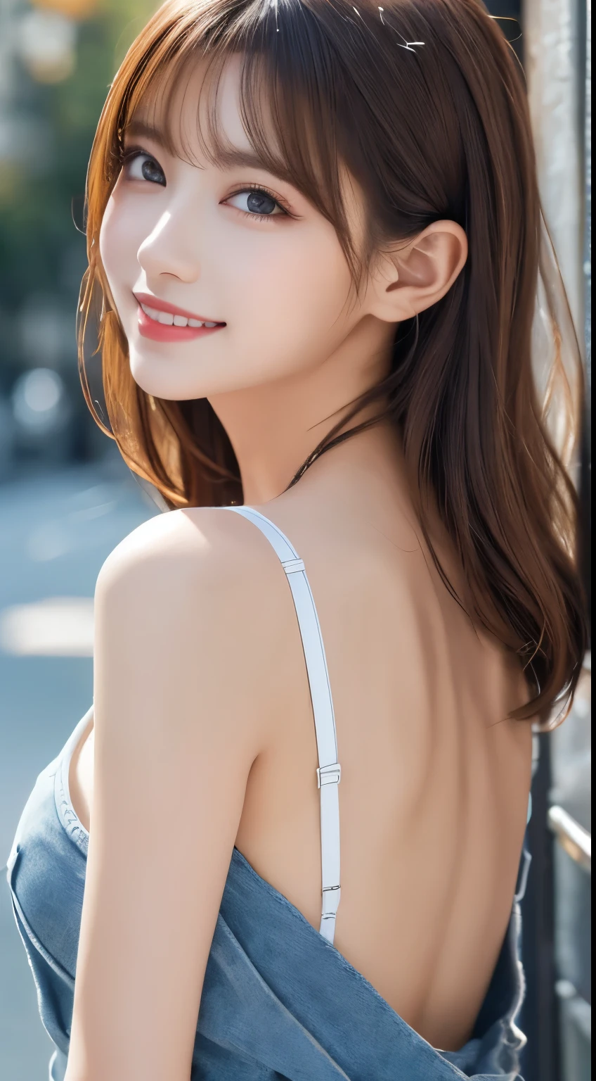 ((top-quality、8K、masterpiece、:1.3))、1girl in、A smile、full body Esbian、Slim Faces、Pretty women、(dark brown hair)、Upper body naked:1.1、Super Detailed Face、detailedeyes、二重まぶた、blurry backround、Slim Faces、nighttime scene、appearance、Street、raw,Back,Walking,raw,Back,Sexy Bra