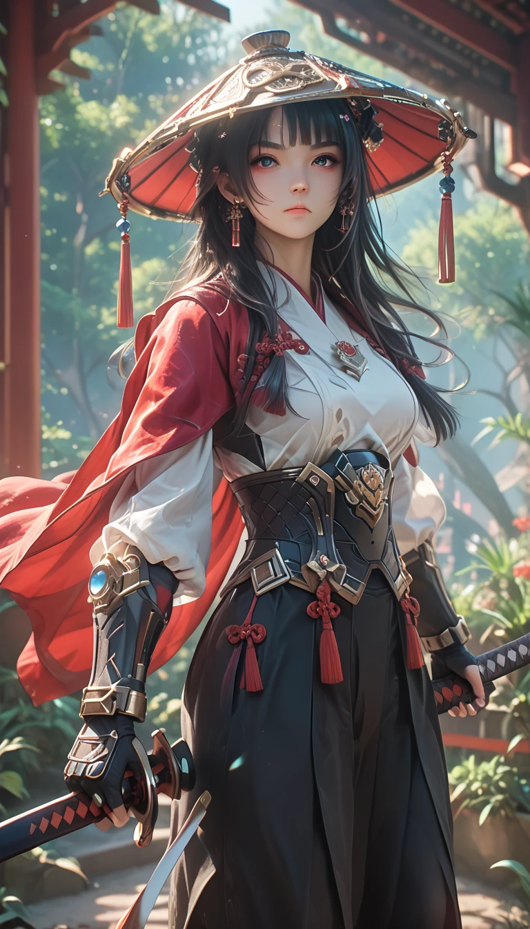 real,pictures,top quality,8k,Max Video Quality,Wakai Female,1 person,Oiran,wielding a katana with great force, very detailedな,from front,battle pose, Brilliant Appearance ,extremely detailed, Imaginative,sensual ,top quality,  skin texture,blunt bangs, straight across her forehead,black hair,muscular,underboob,(white Samurai armor),red cloak,gypsy skirt,garter belt,black tights,Zettai Ryouiki,absolute region with to,intricate details ,crepuscular rays,A field of blooming lilac in full bloom,white background, rawpictures, 8k, masterpiece, top quality,ultra detail,very detailed, intricate details ,high resolution,超intricate details,very detailed 8k cg wallpaper,