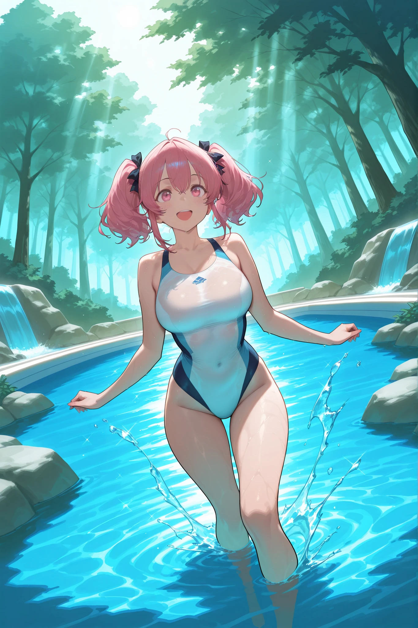 (top-quality, 8K, masterpiece:1.3)), misty ((Pokémon)), A MILF, Mature, huge stunning goddess shot, the extremely hot and sexy, powerful and huge, jaw dropping beauty, goddess of Japan, medium breasts, Big ass, (thigh visible), Beautiful woman with perfect body shape:1.4, Slender Abs:1.1, Highly detailed facial and skin texture, A detailed eye, young woman, sexy pose, navel, happy face, blush, eyewear on the head, (looking at from the front), Look at the camera, masterpiece, best quality, pussy cameltoe in a transparent blue sheer dress with gold embroidery, top stripped at breast making her breast naked, enjoying the beautiful nature by standing in water in front of a waterfall and playing by splashing water with butterflies, dress waving by air exposing her body. full body, high detail