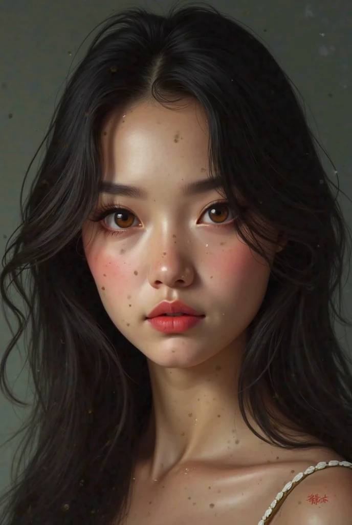 create a portrait of a girl with black cherry hair color, she has brown eyes, a neat nose, an oval face shape, straight eyebrows, medium lips, straight hair with side bangs,  