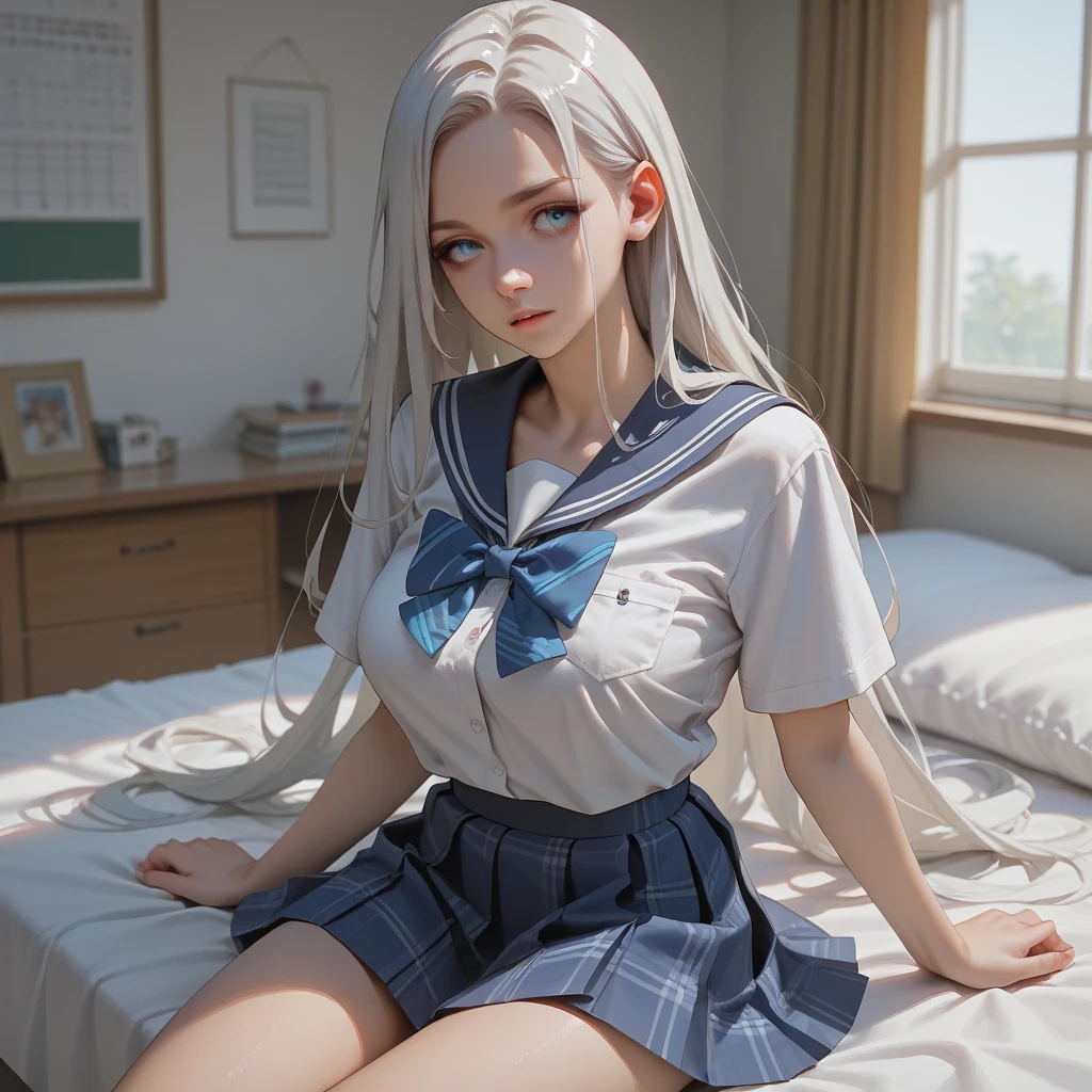 Best quality, high quality, masterpiece, high resolution, detailed, one girl, cute girl, twelve years old girl, no panties, lying, spread legs, white hair, blue sailor skirt, sailor suit, black over knee socks, long hair, large breasts, show off nipple, no shoes, on bed, detail, good pupil, 4k