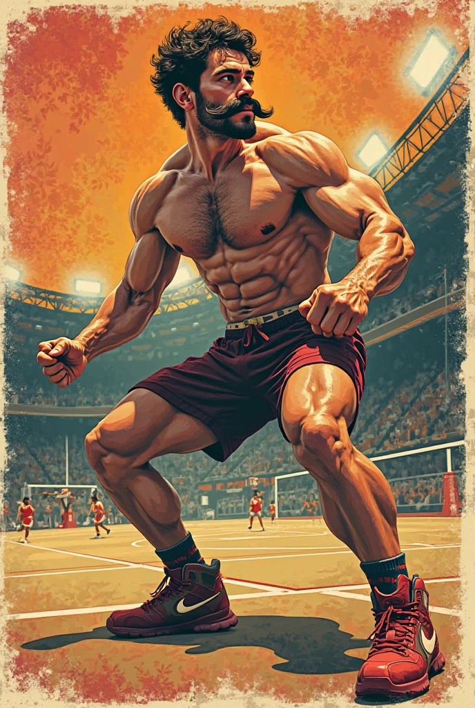 Robust champion man, torso exposed, legs bare from thighs to feet flowing long curls, meticulous muscle definition, lifelike representation, 4K resolution. Background: Stadium filled with cheering spectators,32k uhd, best quality, masterpiece, super detail, high details