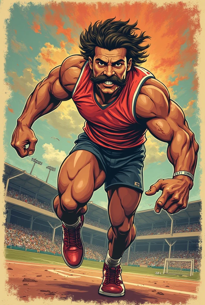 Robust champion man, torso exposed, legs bare from thighs to feet flowing long curls, meticulous muscle definition, lifelike representation, 4K resolution. Background: Stadium filled with cheering spectators,32k uhd, best quality, masterpiece, super detail, high details