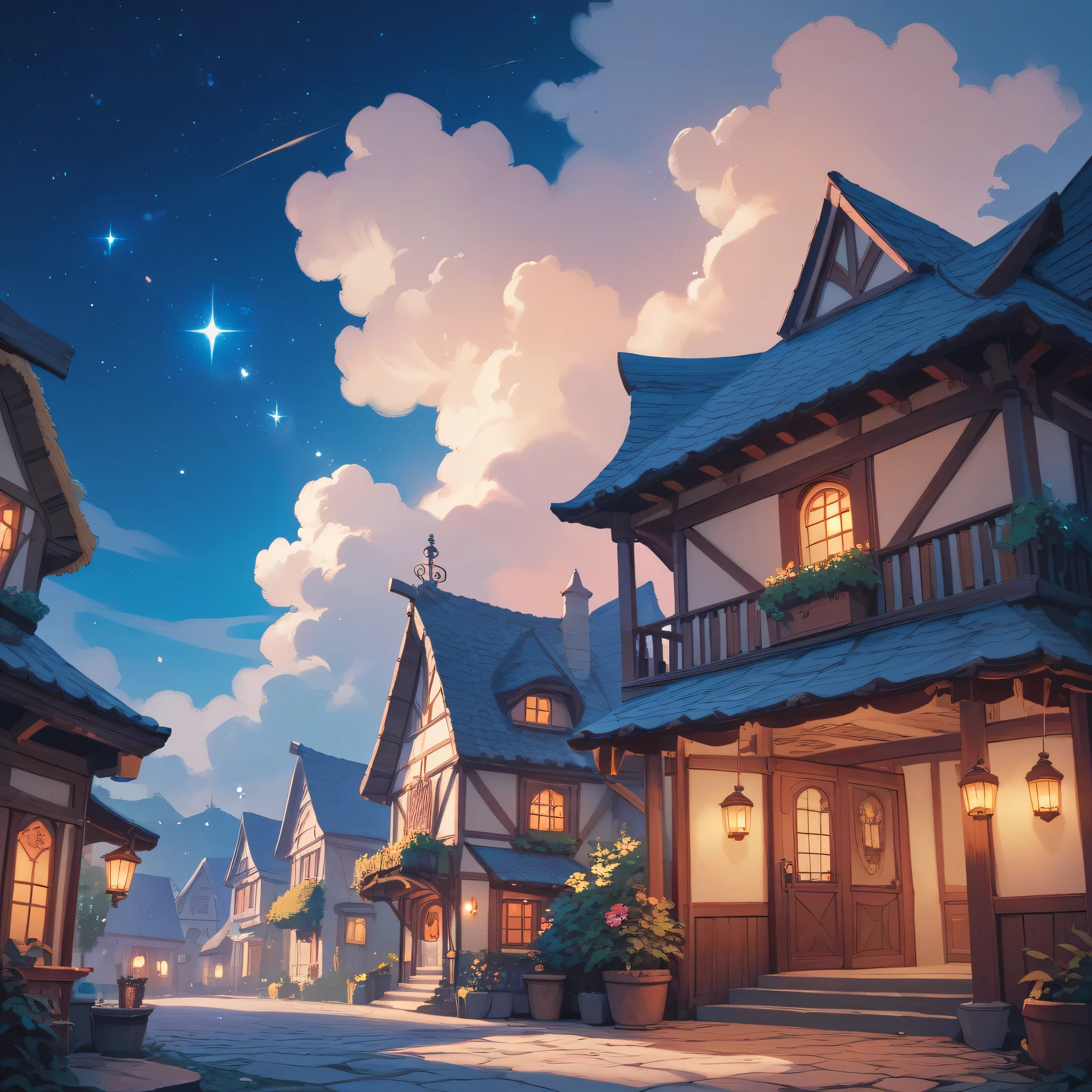 Take a view of the village at night with stars shining in the sky