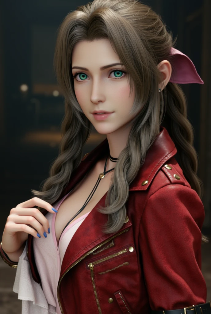 ff7r style,
1girl, solo, realistic, green eyes, brown hair, long hair, blurry, looking at viewer, red jacket, jewelry, blurry background, necklace, choker, jacket, portrait, lips, ribbon, hair ribbon, bow, nose, closed mouth
, ((masterpiece))
<lora:ff7:0.7>