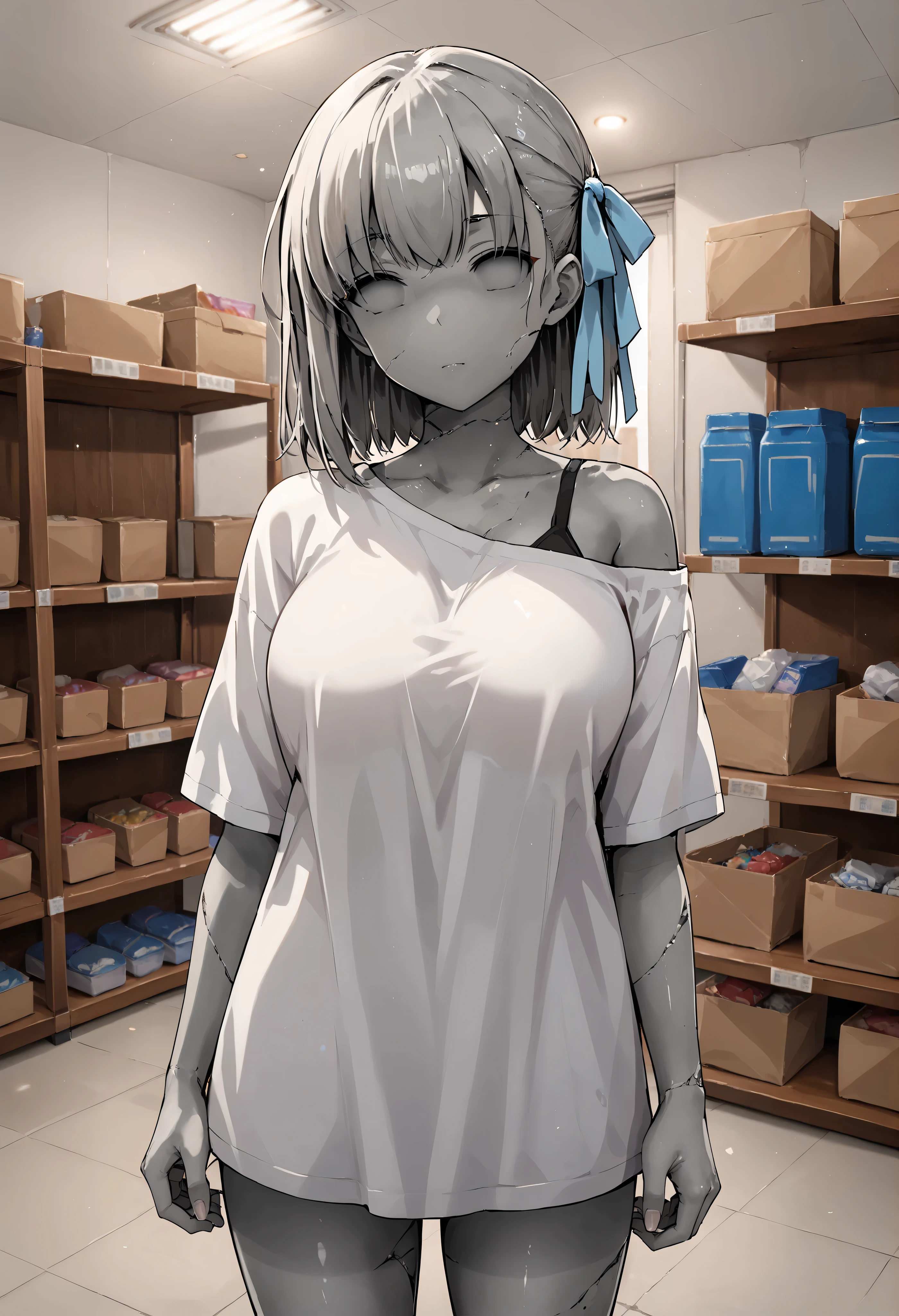 score_9, score_8_up, score_7_up, source_anime, 1girl, stone_tf, stone statue, stone hair, stone eyes, stone skin, (grey skin:1.2), grey hair, (no eyes:1.2) bb_\(fate\), large breasts, hair ribbon, cowboy shot, storage, storage room, inside, boxes, detailed background, high resolution background, oversized t-shirt, off one shoulder