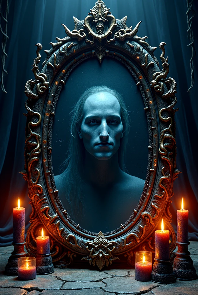 A dark fantasy magic mirror standing in a shadowy, gothic chamber. The mirror’s frame is made of twisted blackened gold and wrought iron, covered in intricate carvings of thorns, serpents, and ancient runes that faintly glow with a crimson hue. The surface of the mirror is a swirling black mist, alive with movement, and from within it, a ghostly face slowly emerges—pale, hollow-eyed, and otherworldly, speaking in silent whispers. Flickering candles with blue flames line the room, casting strange, dancing shadows on the stone walls. Dark velvet drapes hang heavy around the scene, and the atmosphere feels enchanted yet haunted, like the mirror holds forbidden truths and dangerous knowledge.