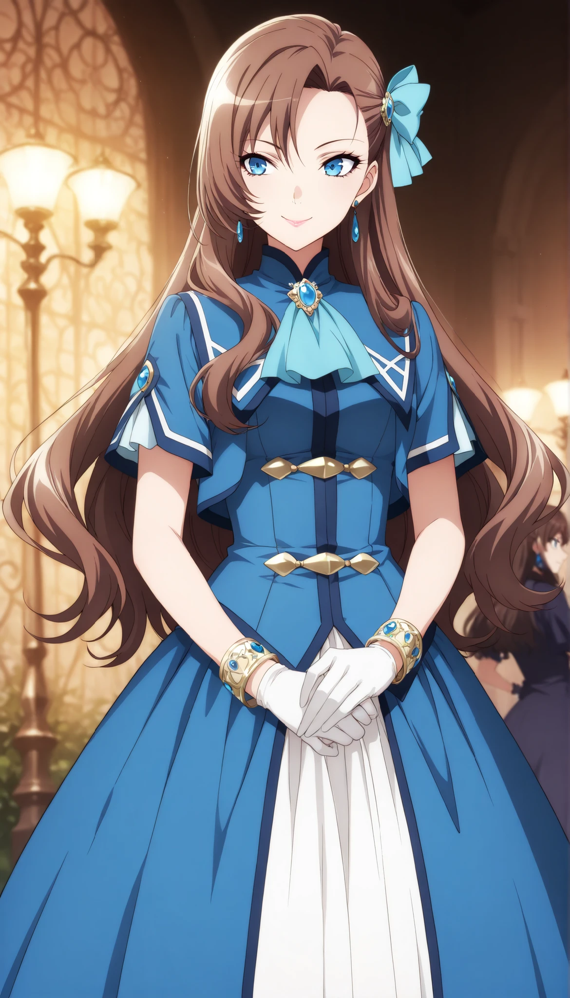 1 female, Pretty beautiful girl, (Catherine Claes, long hair, bangs, brown hair, blue eyes, asymmetrical bangs), Pure Bitch, Captivating Body, Female Curves, skinny, glamorous body standing all over, Nasty Beauty , ( Smile), Sharp Eyes, sling, beautiful lips, long eyelashes, (hair ornament, gloves, dress, bow, jewelry, jacket, short sleeves, hair bow, earrings, white gloves, bracelet, ascot, blue dress, blue bow, brooch, high collar, long dress, blue ascot), garden,  beautiful flower々, Dramatic Lighting, indecent atmosphere, Glamorous Light , bright colors, have a low depth of field, anime style, beautiful detail, super high definition, (top quality, very detailed, anime illustration, soft focus, masterpiece, best aesthetics),