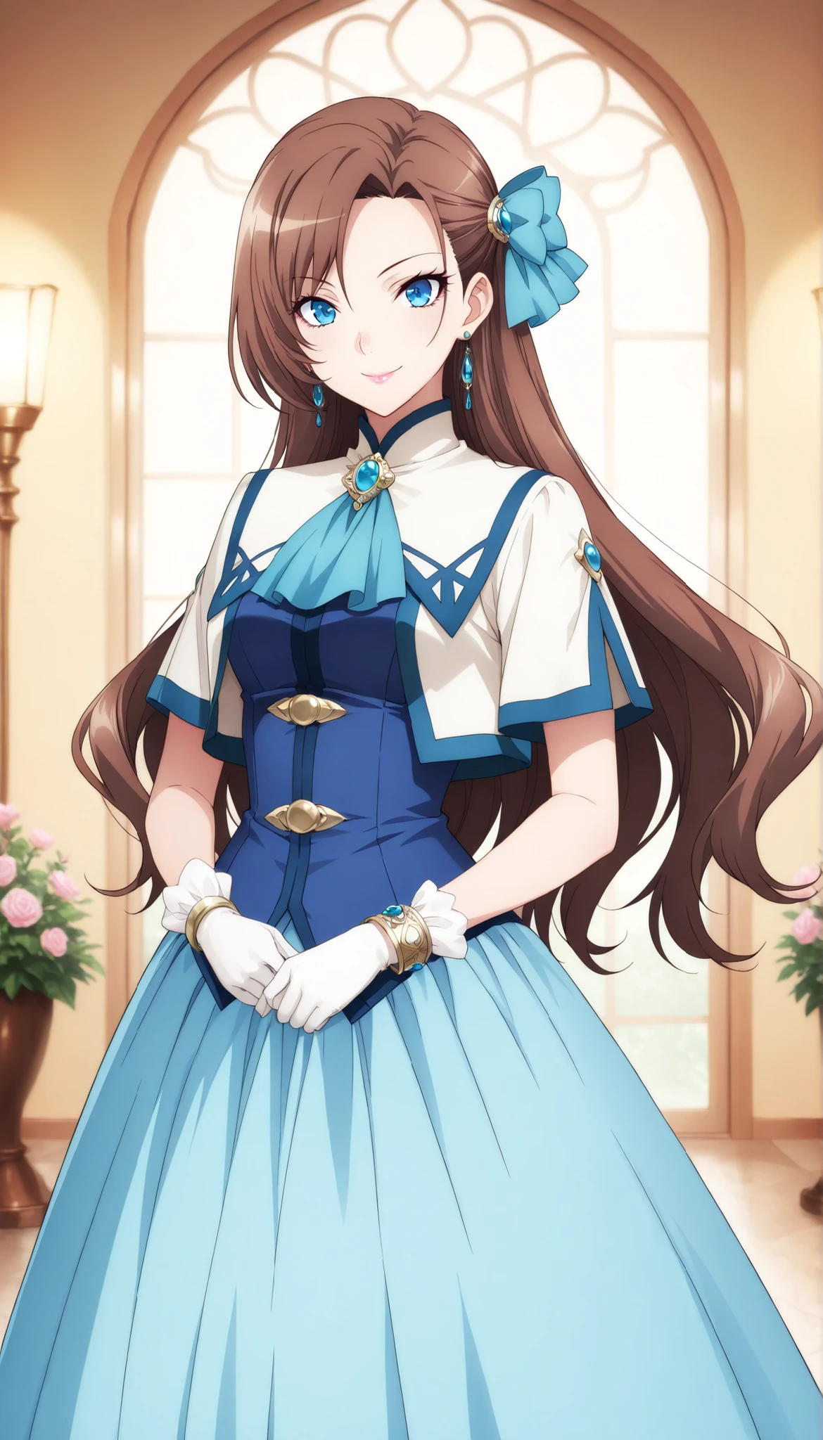 1 female, Pretty beautiful girl, (Catherine Claes, long hair, bangs, brown hair, blue eyes, asymmetrical bangs), Pure Bitch, Captivating Body, Female Curves, skinny, glamorous body standing all over, Nasty Beauty , ( Smile), Sharp Eyes, sling, beautiful lips, long eyelashes, (hair ornament, gloves, dress, bow, jewelry, jacket, short sleeves, hair bow, earrings, white gloves, bracelet, ascot, blue dress, blue bow, brooch, high collar, long dress, blue ascot), garden,  beautiful flower々, Dramatic Lighting, indecent atmosphere, Glamorous Light , bright colors, have a low depth of field, anime style, beautiful detail, super high definition, (top quality, very detailed, anime illustration, soft focus, masterpiece, best aesthetics),