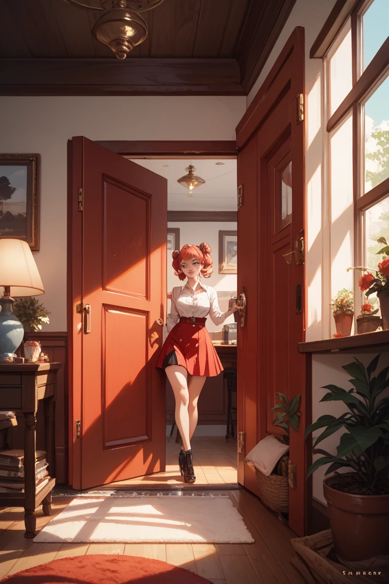 A square dingy room with a red door