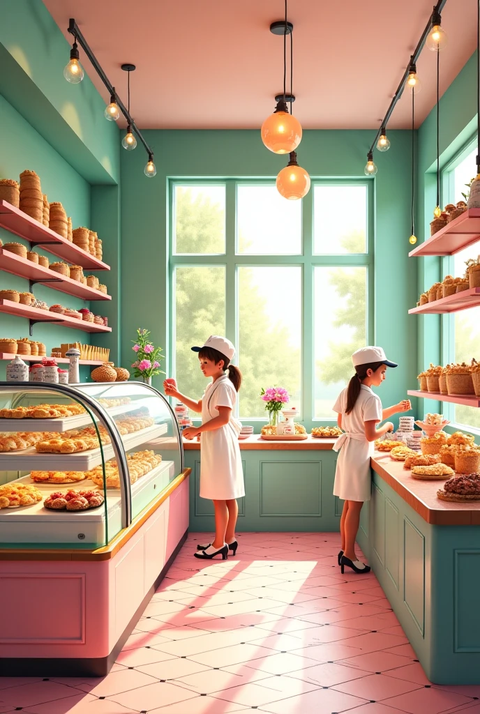Creat a sweet - bakery shop , 
With mint green and pink colors