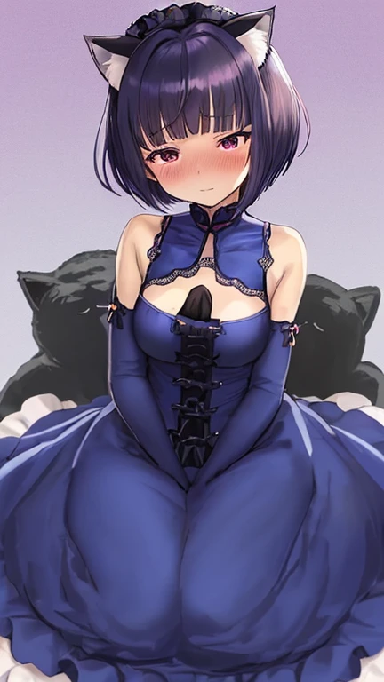2b, long_sleeves, gloves, dress, cleavage,black_gloves, puffy_sleeves, black_thighhighs, mole, black_dress, clothing_cutout, cleavage_cutout, black_hairband, juliet_sleeves, mole_under_mouth, blindfold, vambraces, covered_eyes, black_blindfold,anime,short_hair,funny