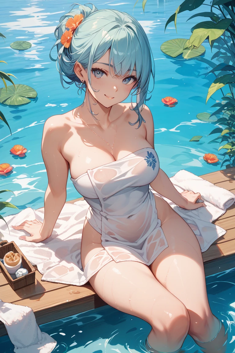 (((petit corps))), Water Fairy, fairy girl, mignonne, water fairy wings, textured breasts, puffy lips, Blue lipstick, cheveux bleu azur, cheveux court, (yeux bleus), sein minuscule, Sunny white dress, Wet dress, robe transparent , rubans dans les cheveux, Regard aimant, superbe face, vie nocturne, promenades dans un lac, Forest in the background