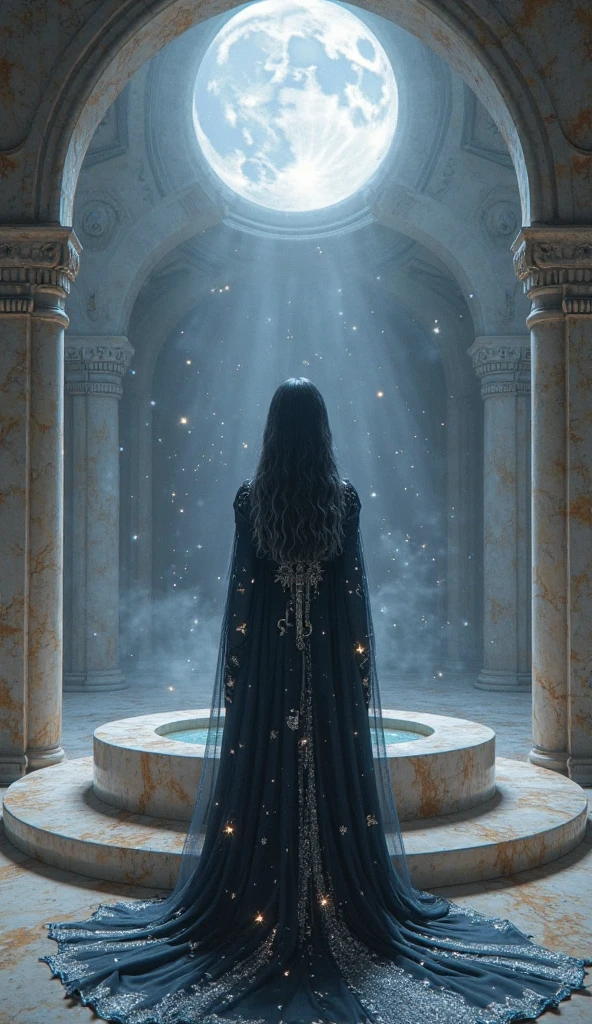 A mystical depiction of a goddess standing within an ancient lunar temple, where moonlight pours through circular openings in the stone ceiling. The temple is built from polished obsidian and pale marble, filled with floating reflections cast by still pools of water and curved mirrors placed around the room. She has long, flowing black hair subtly streaked with silver highlights, and calm glowing eyes fixed on a luminous basin at the center.

She wears layered dark robes embroidered with silvery constellations, softly illuminated by moonbeams and ambient mist. Symbols such as crescent moons, stars, serpents, and keys drift faintly in the air around her. The atmosphere is serene and mystical, with tones of cool silver, deep indigo, and violet shimmering through the shadows.

Inspired by mystical realism, ethereal digital painting, ambient lighting, moonlit architecture, sacred geometry, reflective surfaces, ancient spiritual aesthetic, ultra detailed environment
