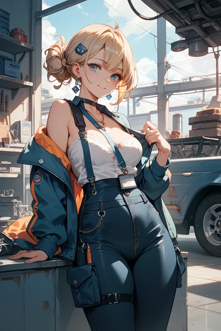 (8k, raw photo, masterpiece, extremely detailed, best quality, professional lighting, high res), (view from above:1.2), (looking up the viewer:1.2), only 1 girl, 15 years old, (beautiful and adorable girl), (yellow body, vivid yellow skin, her body turned completely yellow, abnormal skin color, strange skin color:1.6), (she is wearing only blue overalls on naked body:1.5), (blue denim overalls:1.5), (she is wearing round big goggles:1.2), (black glove), BREAK (a girl turned into a minion:1.5), normal eyes, (minions, minions costume:1.3), (energetic girl, open-mouthed laugh, big smile), blush, sfw