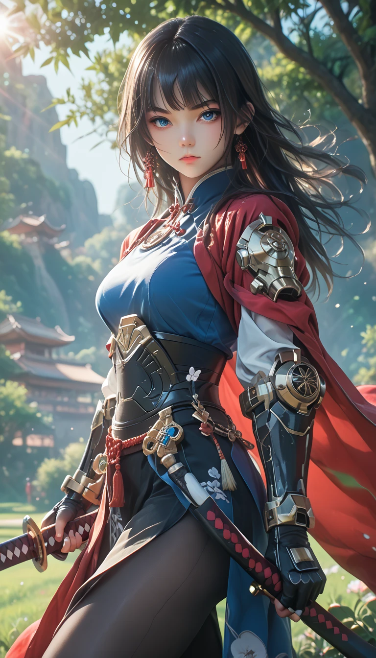18-year-old antique girl，Temperament woman，Heroic and sassy，Cherry small mouth，The mouth is slightly open，Watery eyes，The gaze is like a torch，Rich river and lake style，An aura like a master of swordsmanship，cabelos preto e longos，Sharp eyes，Dressed in gorgeous golden battle robes，Sword in hand，The gesture flows in the clouds and in the water，It paints a fascinating picture of martial arts。