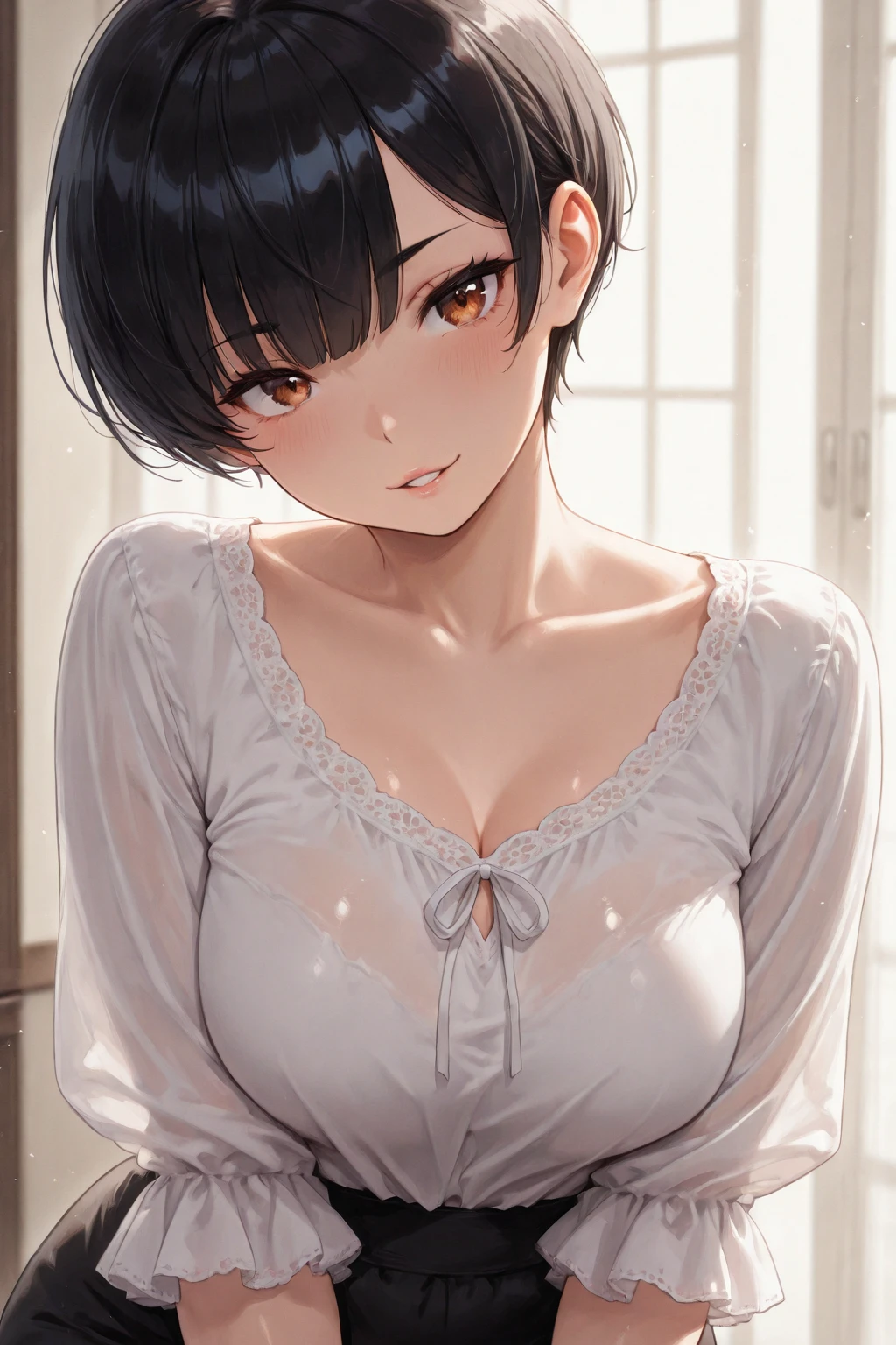 (((Ultra HD)))、(The perfect background)、(hair over two eye:1.5)、(Perfect hands)、(Complex background)、(Beautiful light)、Brown Hair、Bobcut、18 year old girl、Mid-chest、Moderately breasted、Droopy eyes、Yellow Eyes、(Black blouse:1.3)、Pressing the chest against each other、Gaze Here、Embarrassed expression、Blushing、(Through the glass)、Attaching a breast to glass、Wet body、Wet clothes、Wet Hair、gravure、Mouth open、Alluring、Put your hands on the wall、Crushed chest、